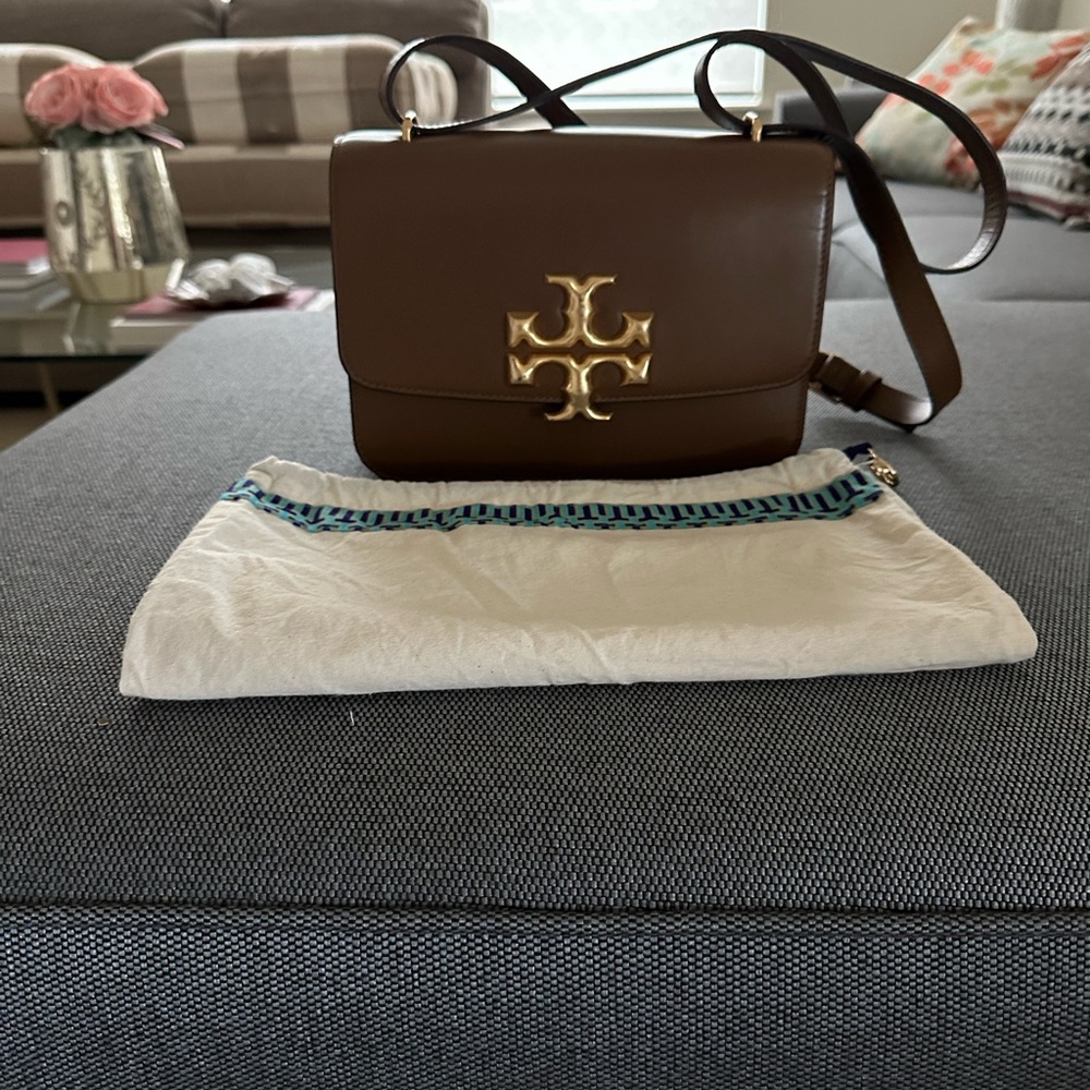 Tory Burch Brown Leather Crossbody Bag with Gold Logo